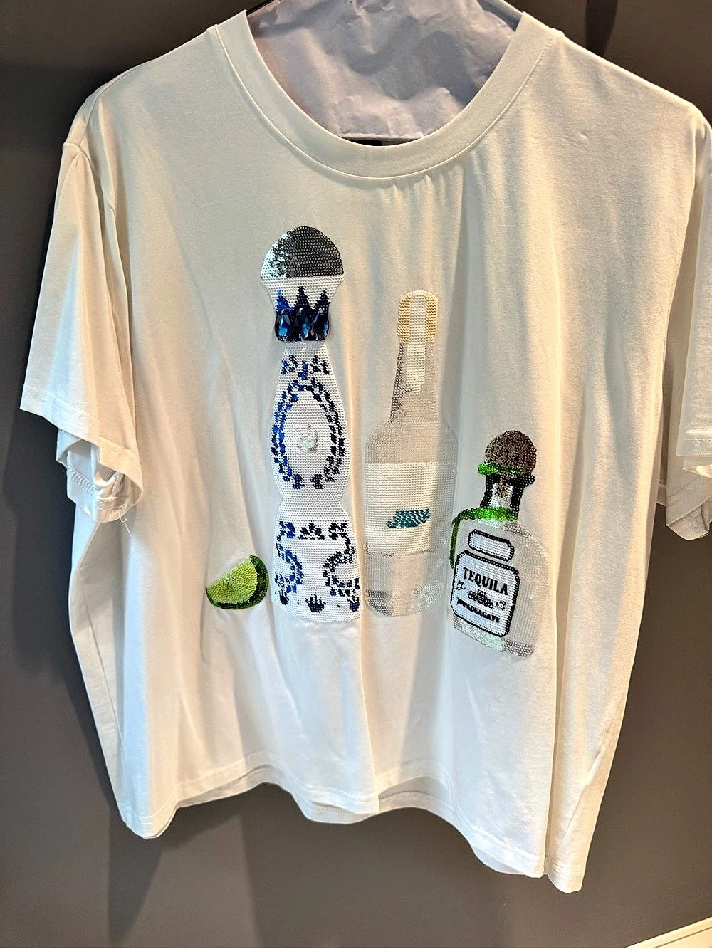 Queen of Sparkles Tequila Sequin Bottle Tee White Women’s M